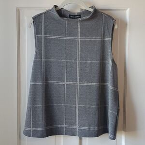 NWT CYNTHIA ROWLEY KNIT VEST SLEEVELSS TOP WINDOWPANE MOCK NECK GRAY SIZE 14